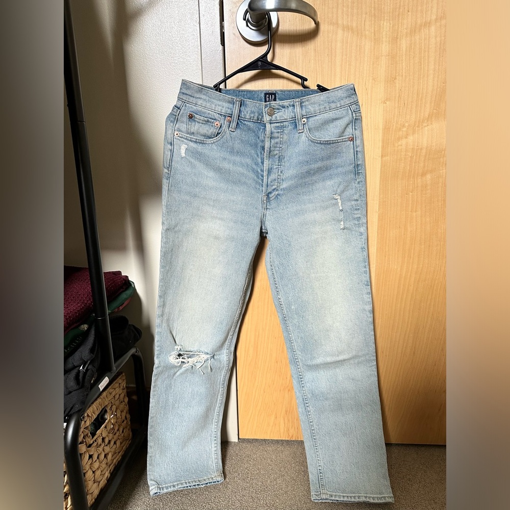 GAP Blue Straight Jeans with Distressed Details